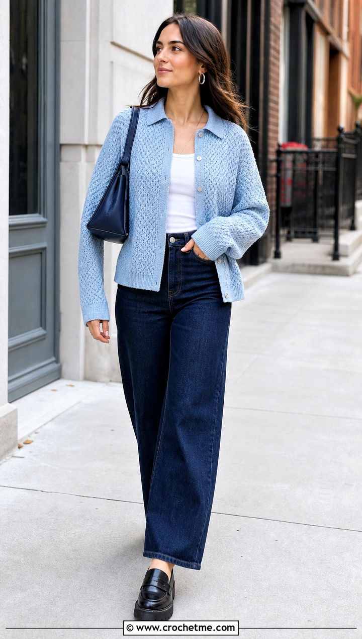 Alpine Stitch Button Front Blouse With Wide Leg Jeans - 25 Alpine Stitch Crochet Top outfit ideas