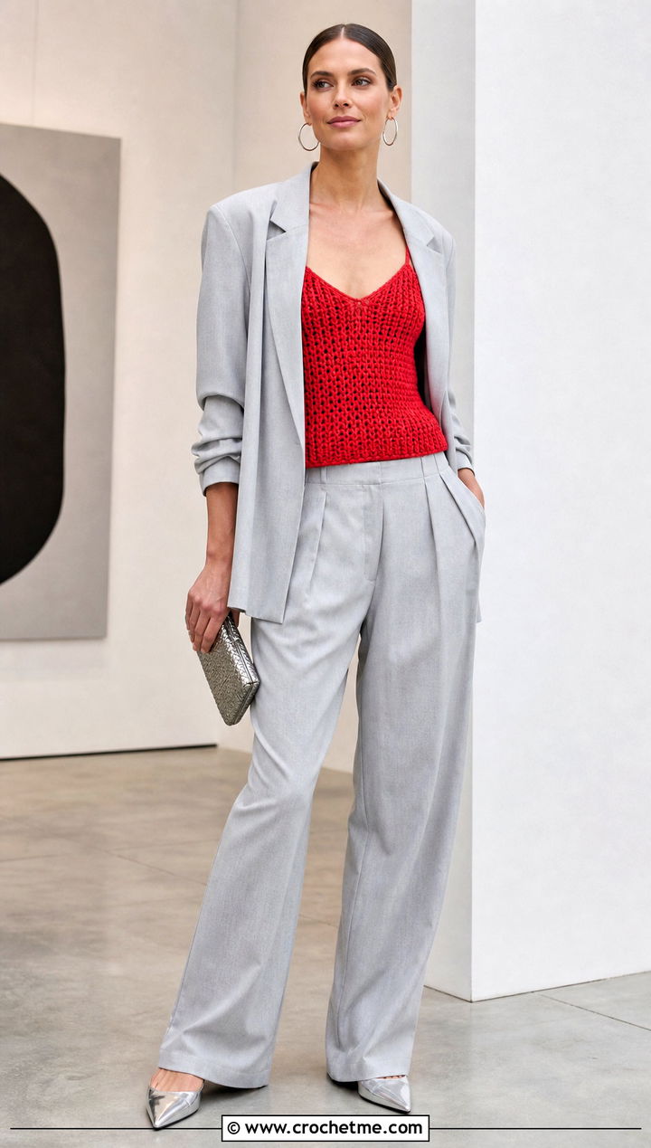 Alpine Stitch Camisole Top With Relaxed Suit - 25 Alpine Stitch Crochet Top outfit ideas
