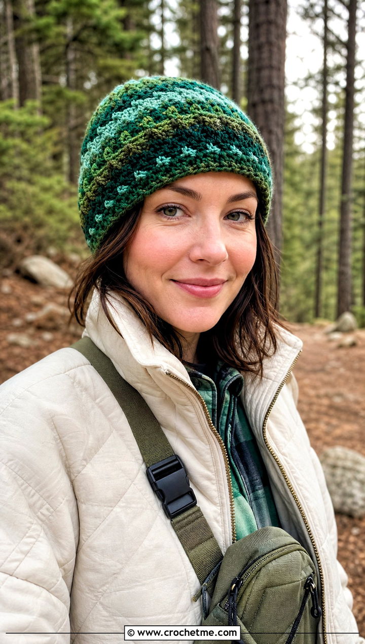 Alpine Stitch Camo Crochet Beanie With Quilted Coat - 20 Camo Beanie Crochet Hat outfit ideas