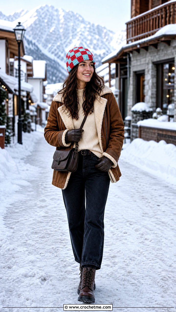 Alpine Stitch Checkered Beanie With Shearling Jacket - 35 crochet checkered beanie outfit ideas