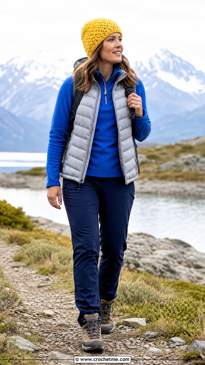 Alpine Stitch Chunky Crochet Beanie With Fleece And Hiking Pants - 35 chunky crochet hat outfit ideas