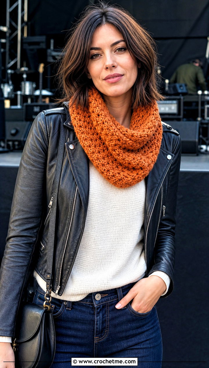 Alpine Stitch Chunky Yarn Crochet Cowl With Leather Jacket - 25 Chunky Yarn Crochet Cowl outfit ideas