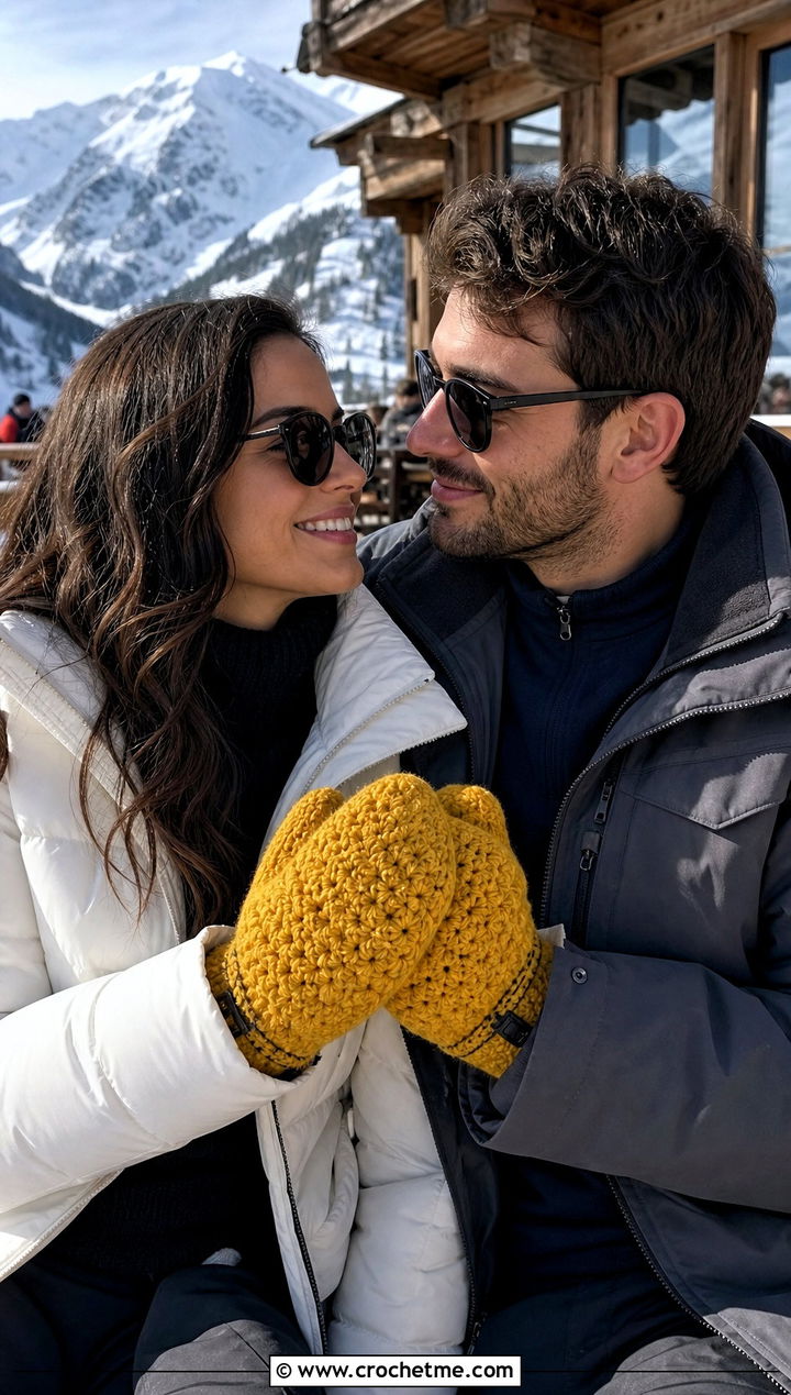 Alpine Stitch Couple Mittens With Ski Lodge Outfits - 25 crochet couple mittens outfit ideas