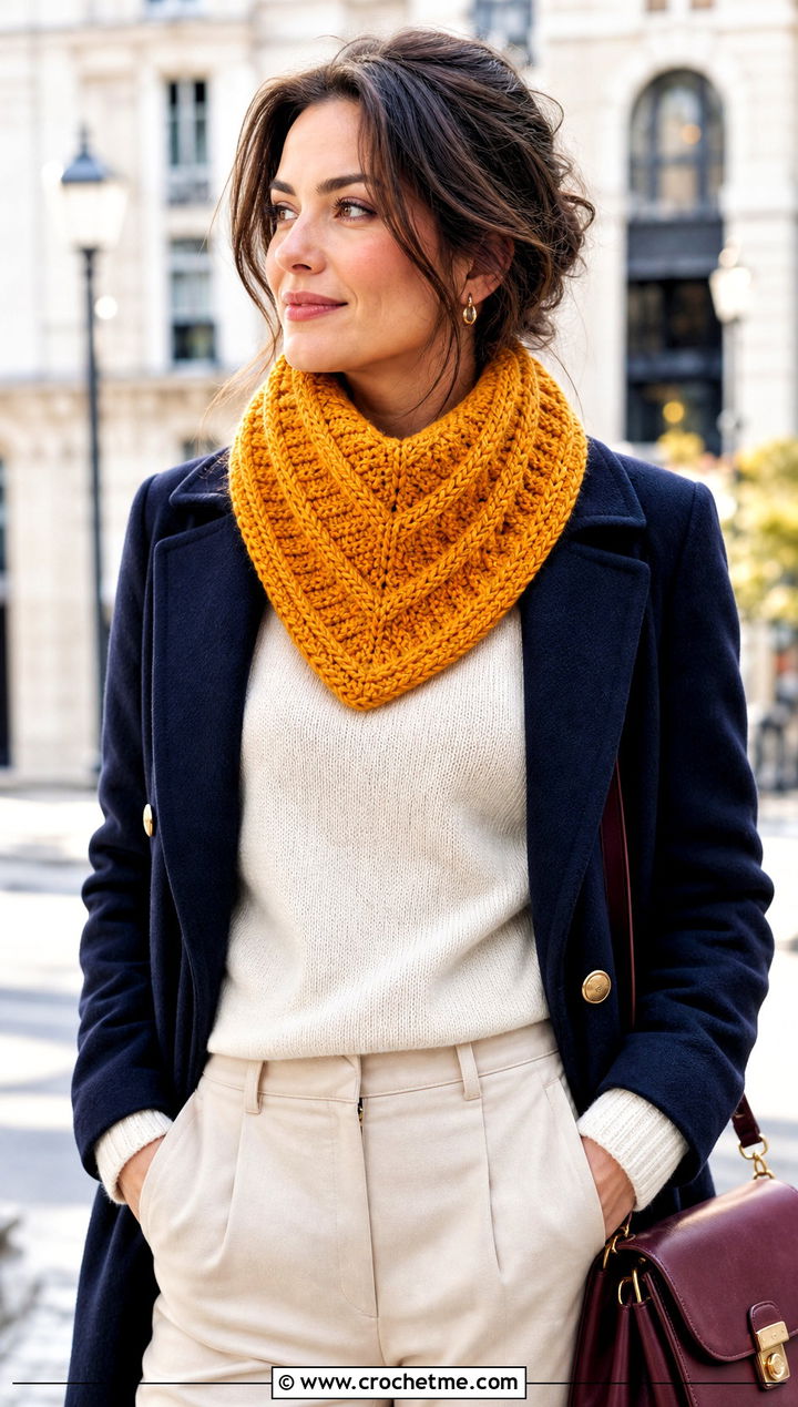 Alpine Stitch Crochet Bandana Cowl With Peacoat - 30 crochet bandana cowl outfit ideas