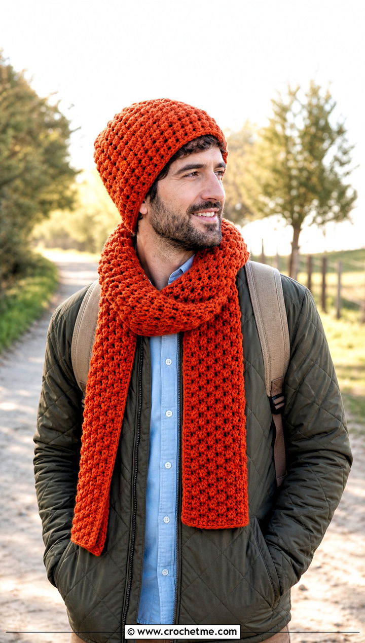 Alpine Stitch Crochet Beanie And Scarf With Quilted Jacket - 20 Crochet Mens Hat And Scarf outfit ideas