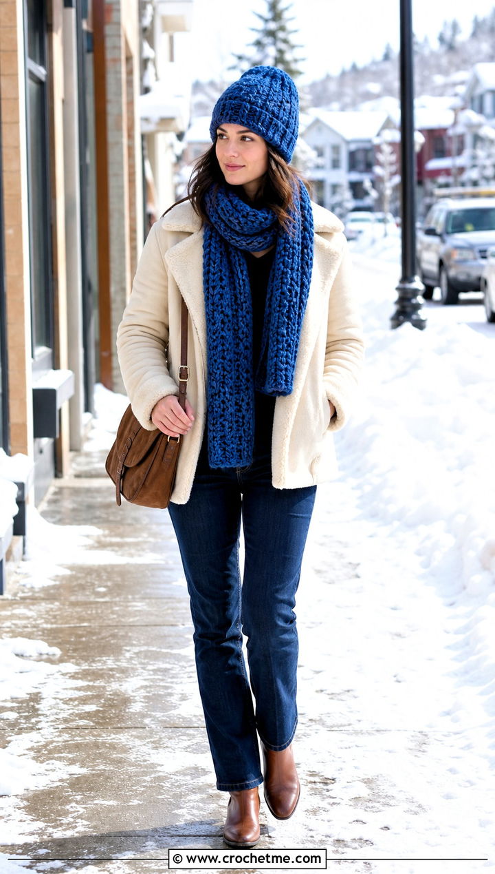 Alpine Stitch Crochet Beanie And Wrap Scarf With Shearling Jacket - 35 crochet hat and scarf set outfit ideas