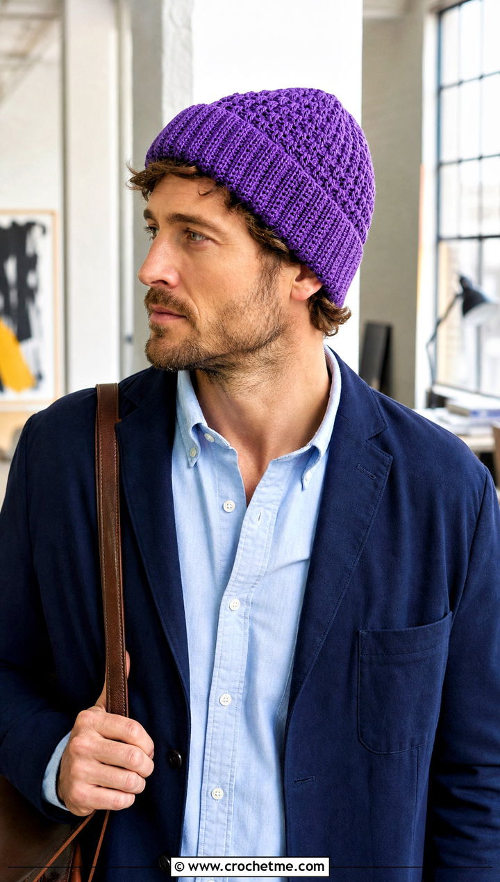 Alpine Stitch Crochet Beanie With Blazer - 30 crochet man beanie outfit ideas
