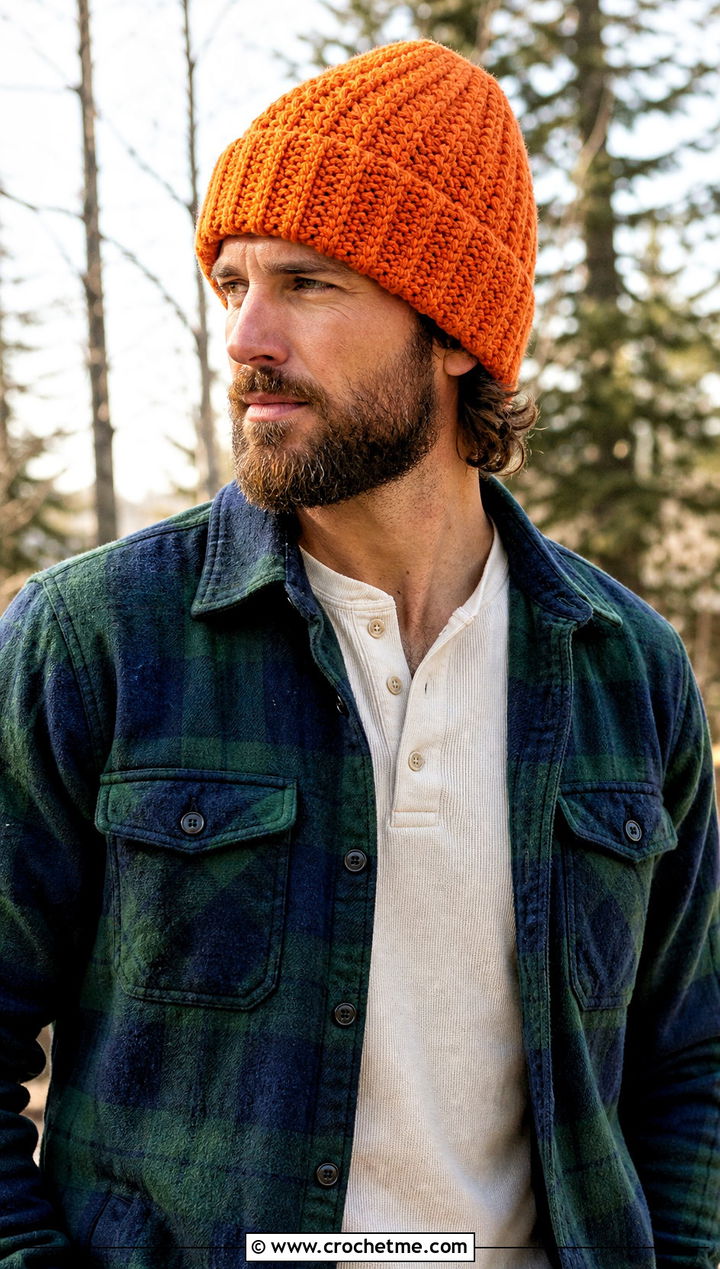 Alpine Stitch Crochet Beanie With Flannel Overshirt - 25 crochet for men's beanies outfit ideas