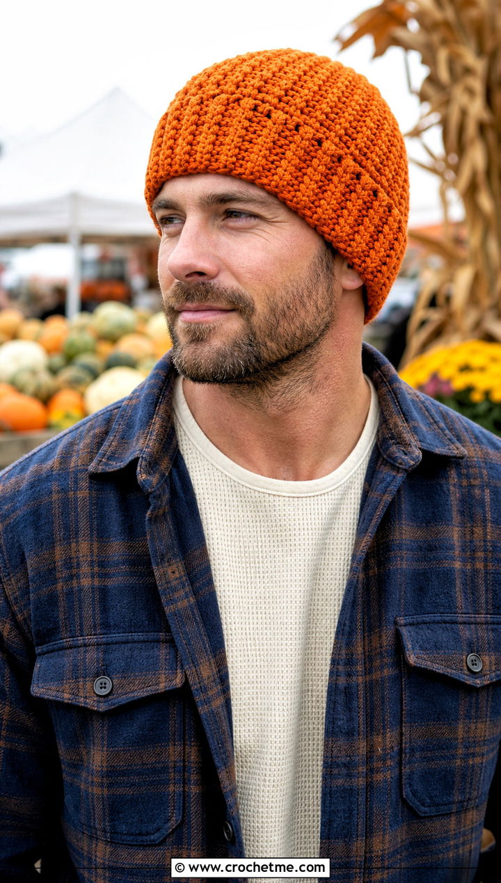 Alpine Stitch Crochet Beanie With Flannel Overshirt - 30 mens crochet hats men's beanie outfit ideas