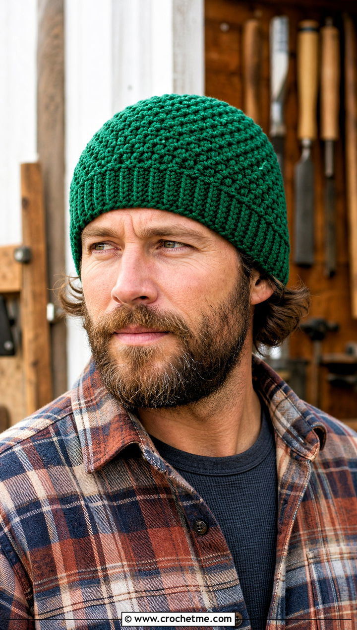 Alpine Stitch Crochet Beanie With Flannel Shirt - 25 easy men's crochet beanie outfit ideas