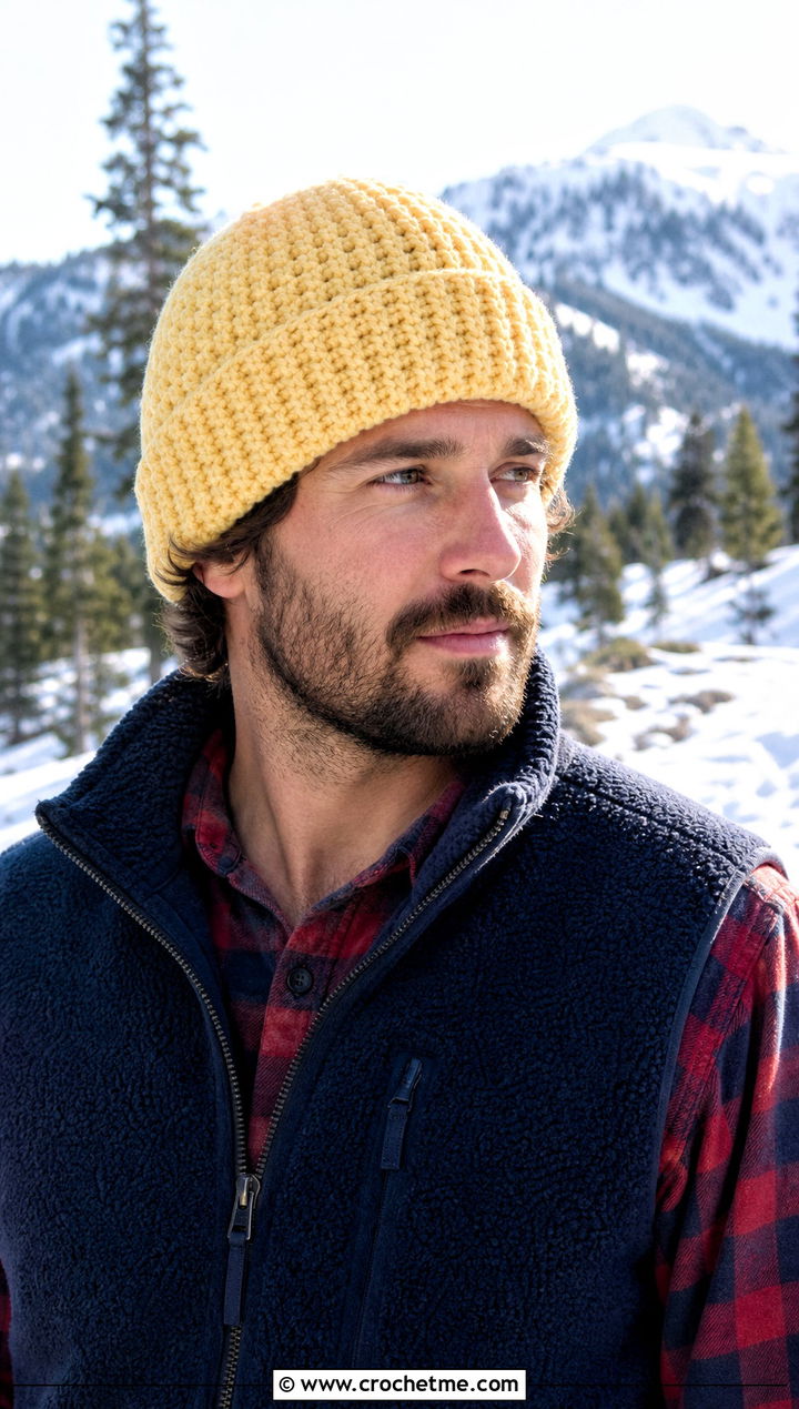 Alpine Stitch Crochet Beanie With Fleece Vest - 25 mens winter crochet hats outfit ideas
