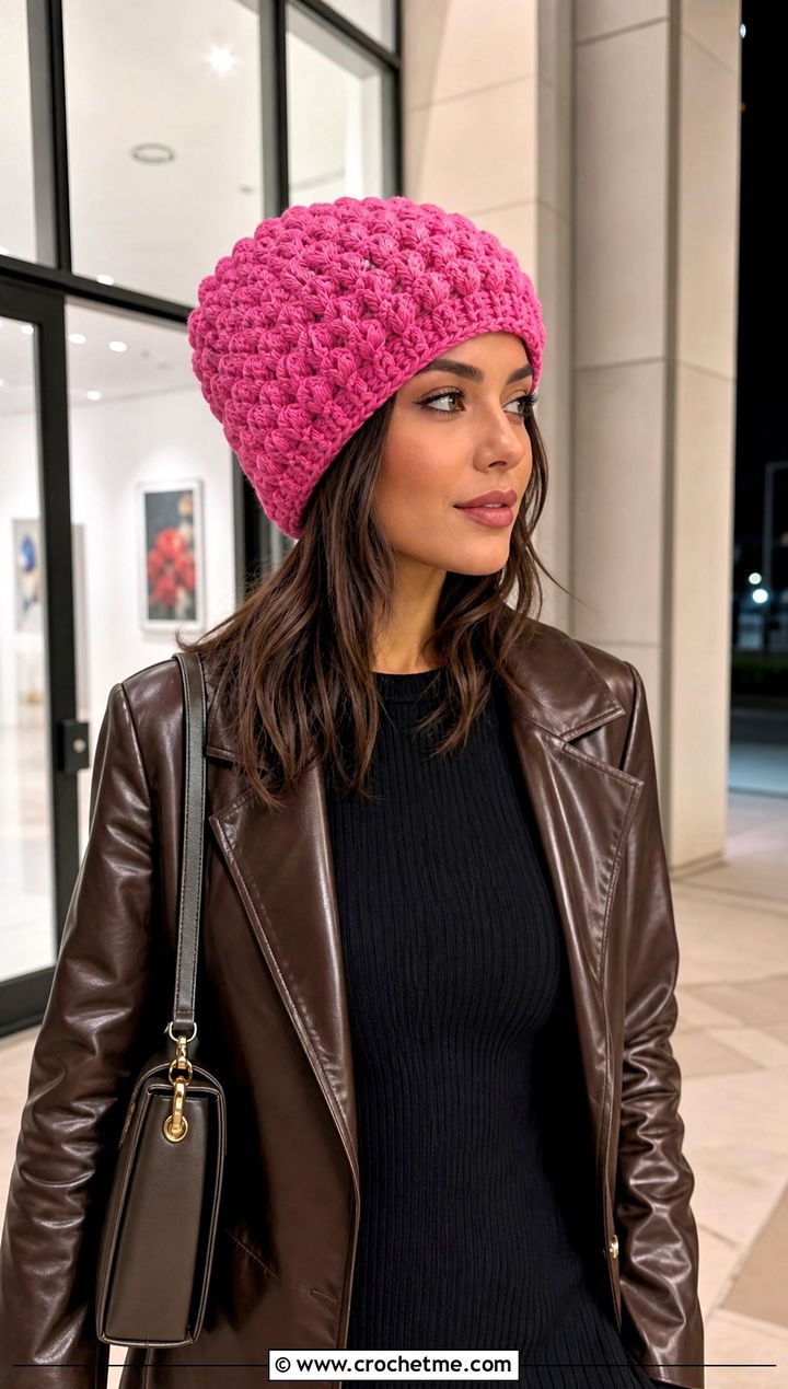 Alpine Stitch Crochet Beanie With Leather Jacket And Knit Dress - 25 Crochet Beanie Size 4 Yarn outfit ideas