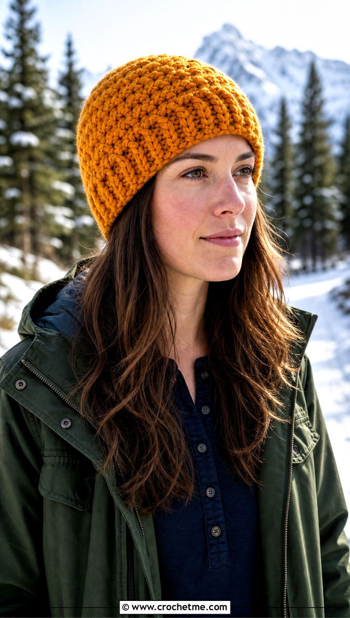 Alpine Stitch Crochet Beanie With Parka - 35 basic crochet beanie outfit ideas