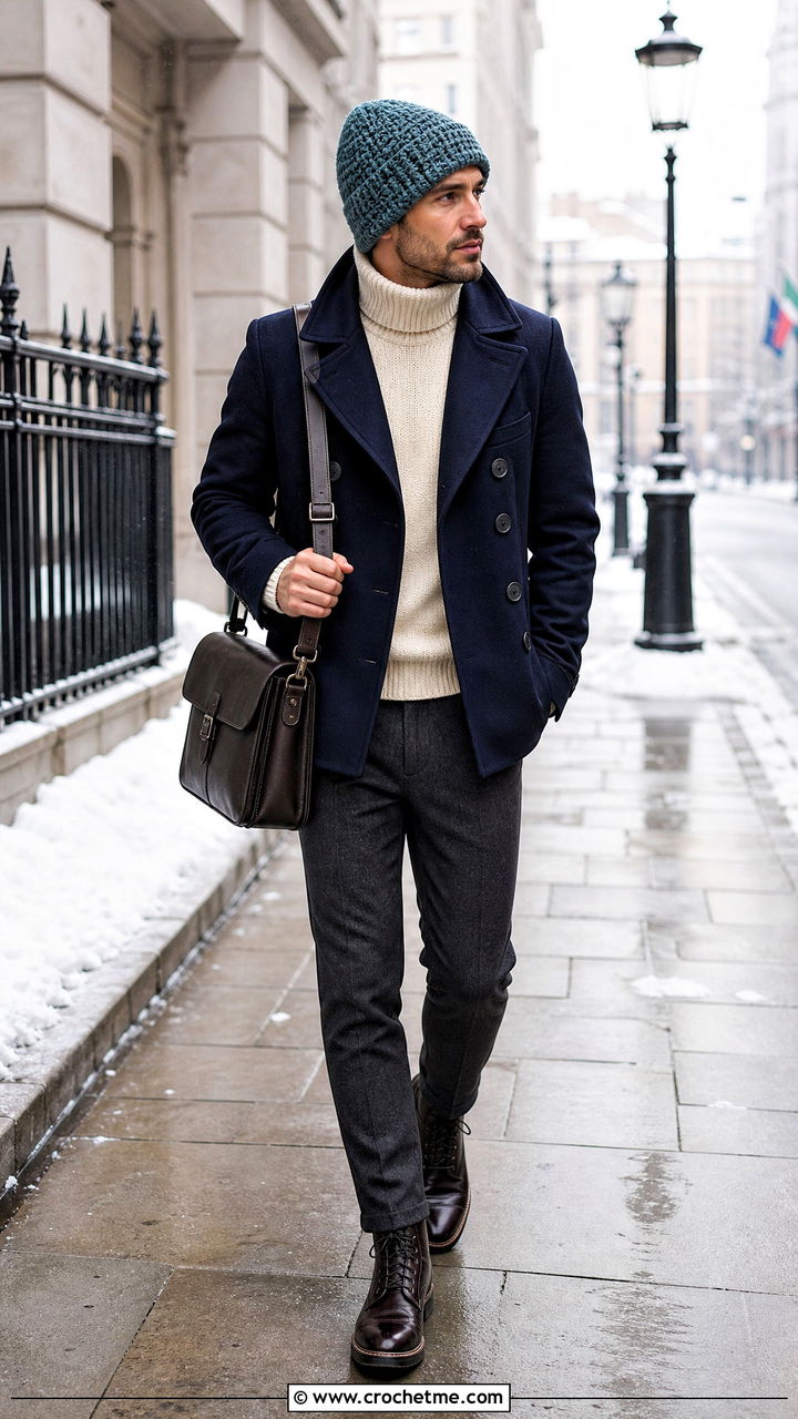 Alpine Stitch Crochet Beanie With Peacoat And Wool Pants - 35 crochet hat men outfit ideas