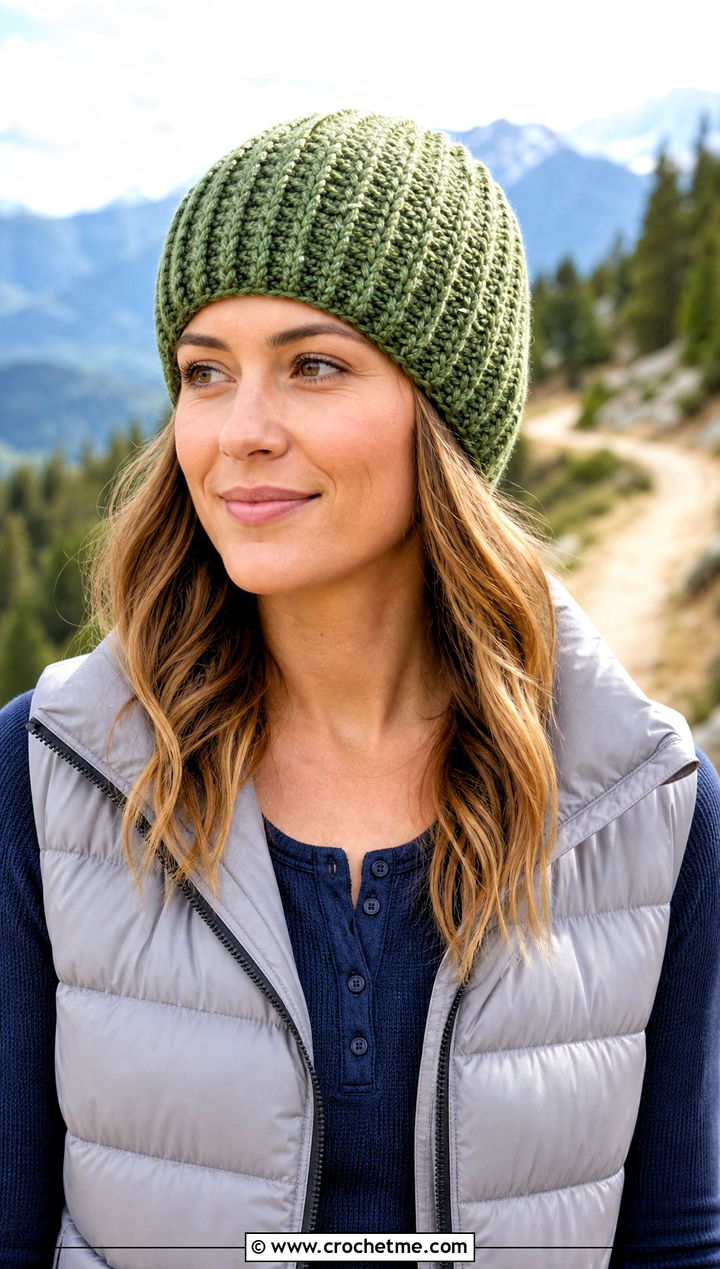 Alpine Stitch Crochet Beanie With Puffer Vest - 25 Fall Crochet Beanie outfit ideas