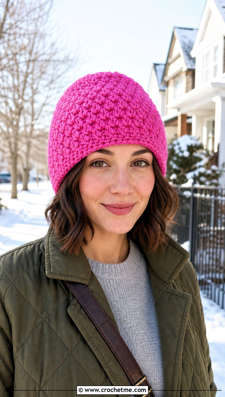 Alpine Stitch Crochet Beanie With Quilted Coat - 30 Quick Crochet Beanie outfit ideas