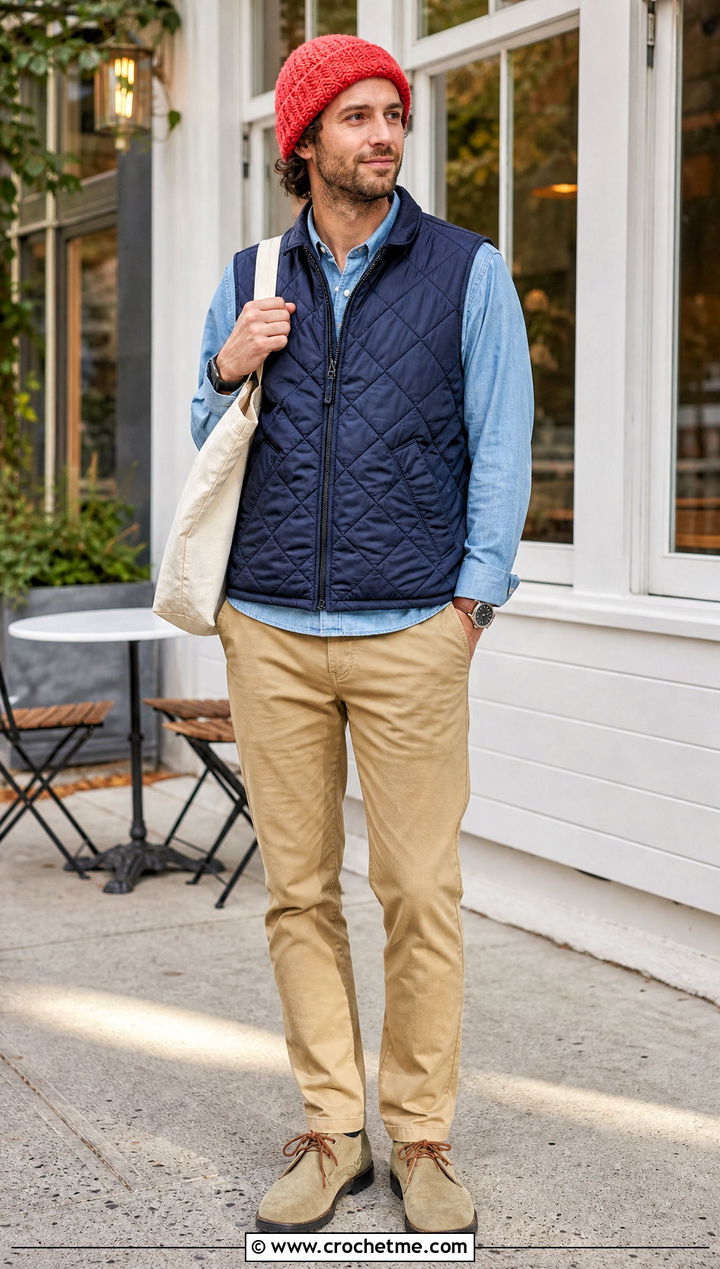 Alpine Stitch Crochet Beanie With Quilted Vest - 35 mens crochet beanie outfit ideas