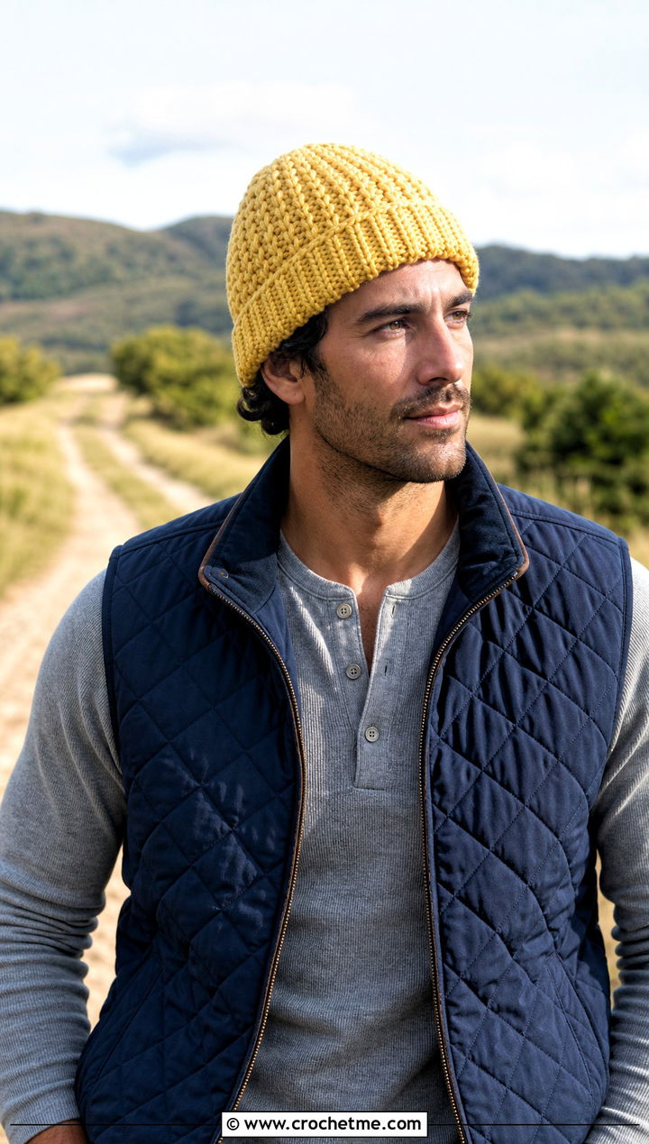 Alpine Stitch Crochet Beanie With Quilted Vest - 25 easy crochet beanie for men outfit ideas
