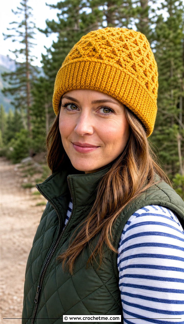 Alpine Stitch Crochet Beanie With Quilted Vest - 30 crochet beanies for women outfit ideas