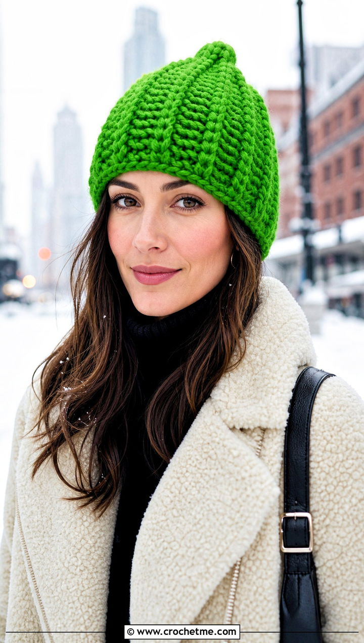 Alpine Stitch Crochet Beanie With Shearling Coat - 30 knit look crochet beanie outfit ideas