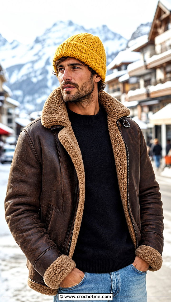 Alpine Stitch Crochet Beanie With Shearling Jacket - 25 Easy Mens Crochet Beanie outfit ideas