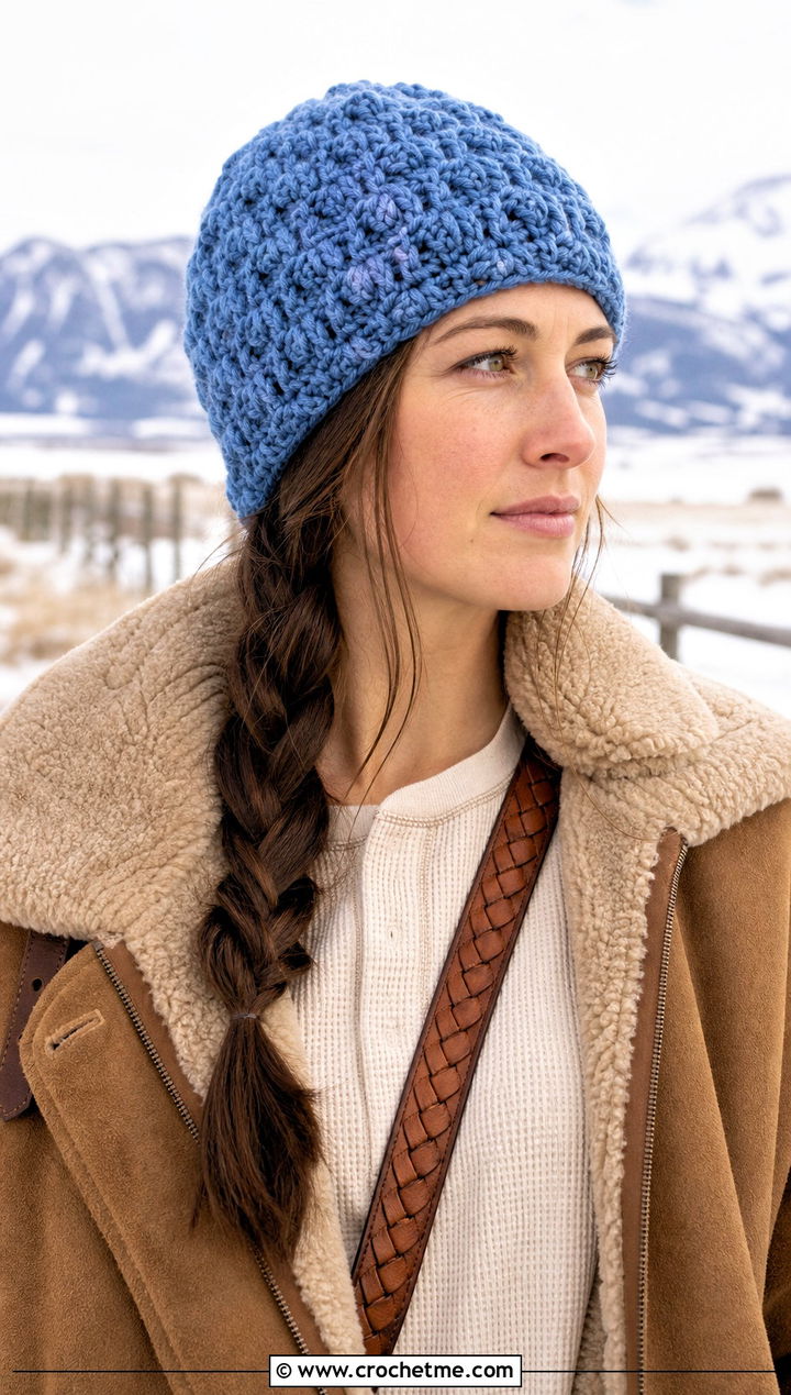 Alpine Stitch Crochet Beanie With Shearling Jacket - 25 country cottage crochet beanie outfit ideas
