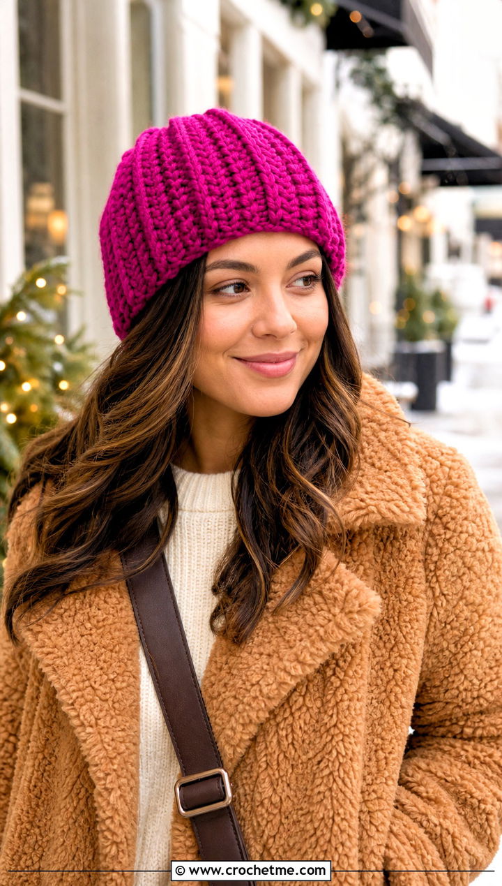 Alpine Stitch Crochet Beanie With Teddy Coat - 30 winter crochet beanie outfit ideas