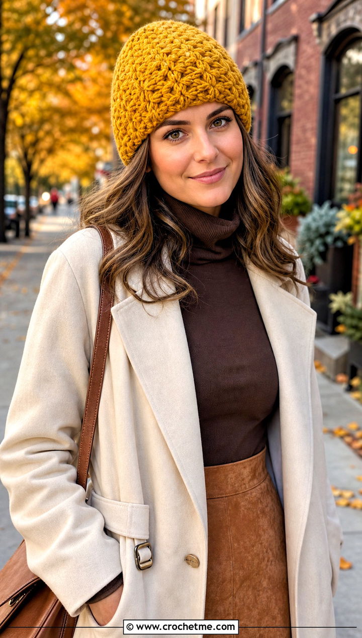 Alpine Stitch Crochet Beanie With Turtleneck And Suede Skirt - 25 beginner crochet beanie outfit ideas