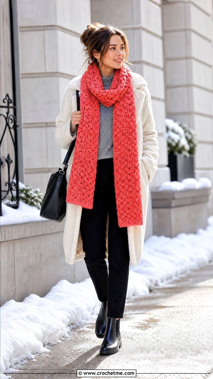 Alpine Stitch Crochet Blanket Scarf With Teddy Coat - 35 crochet blanket scarf outfit ideas