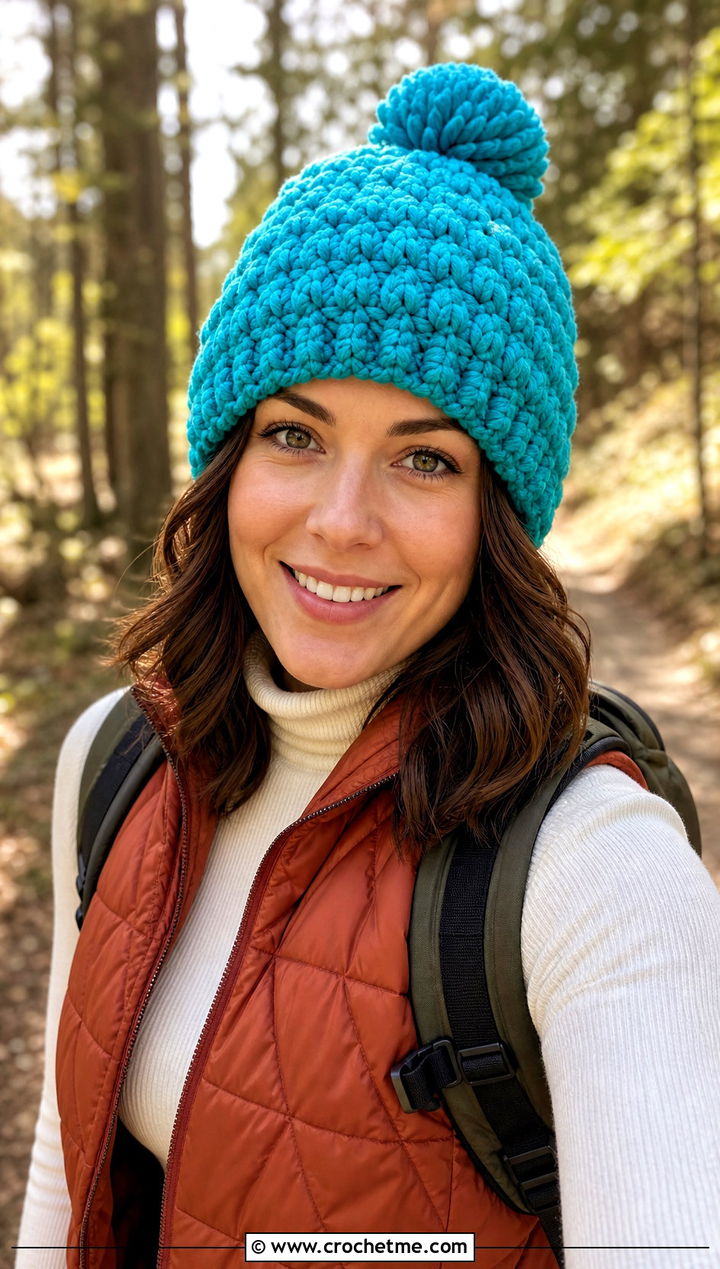 Alpine Stitch Crochet Bobble Hat With Quilted Vest - 30 crochet bobble hat outfit ideas
