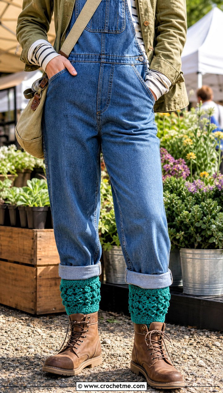 Alpine Stitch Crochet Boot Cuffs With Overalls and Work Boots - 30 crochet boot cuff outfit ideas