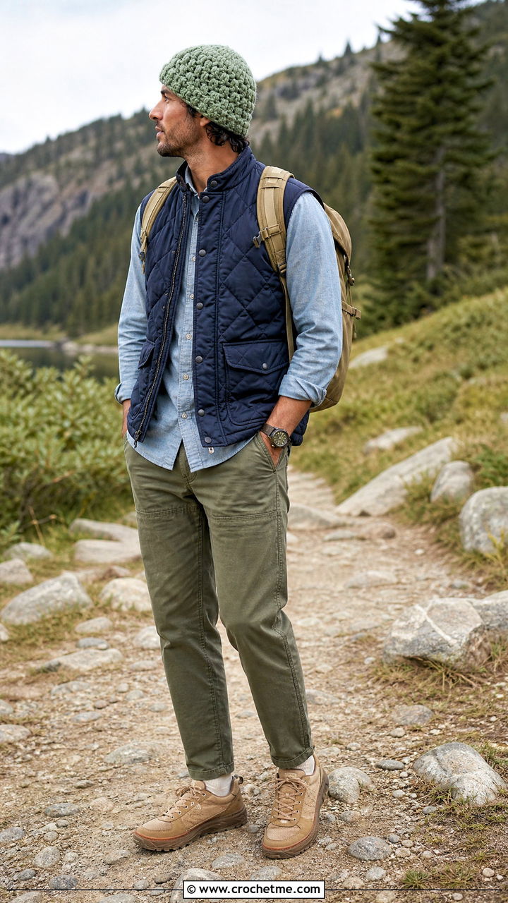 Alpine Stitch Crochet Cap With Quilted Vest - 35 crochet cap for men outfit ideas
