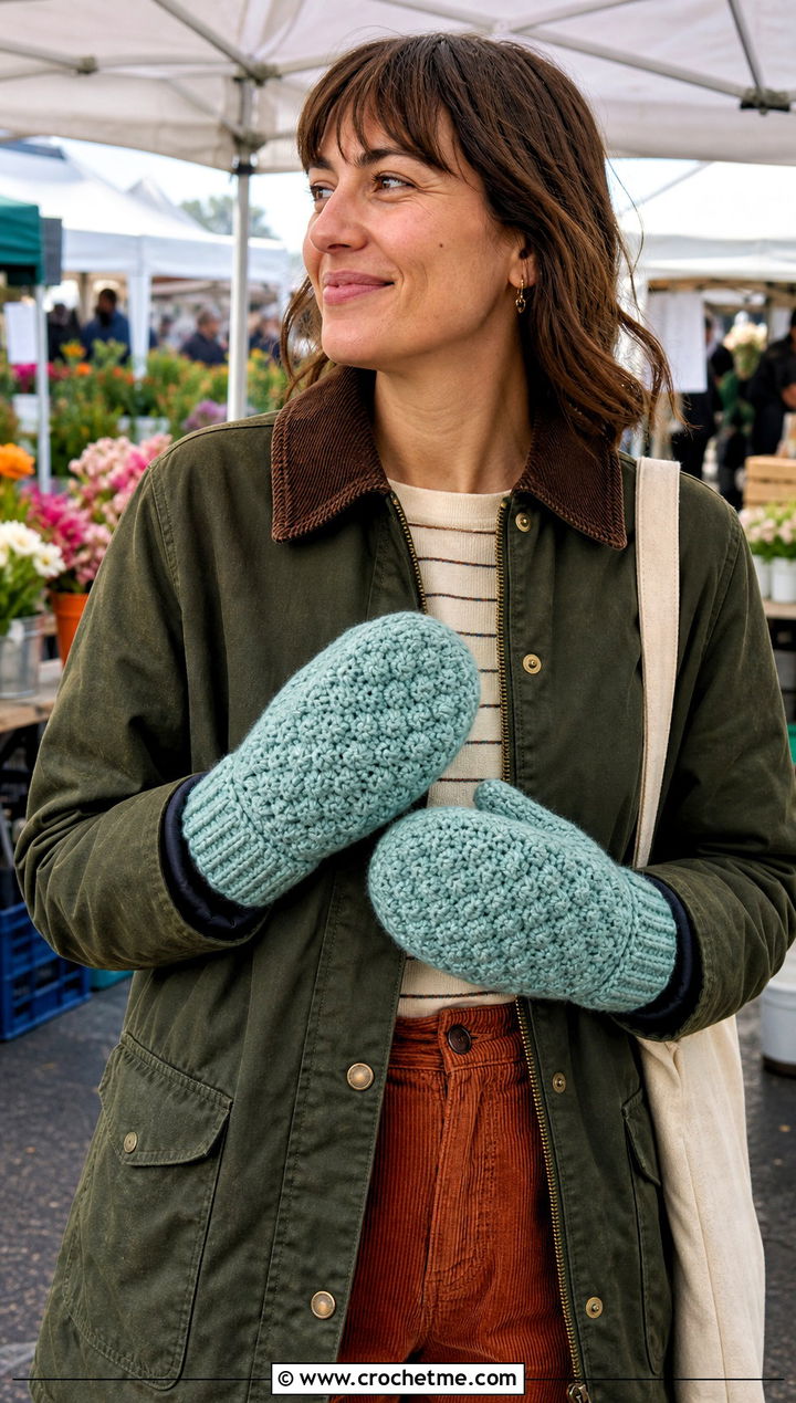 Alpine Stitch Crochet Chunky Mittens With Barn Jacket - 30 crochet chunky mittens outfit ideas