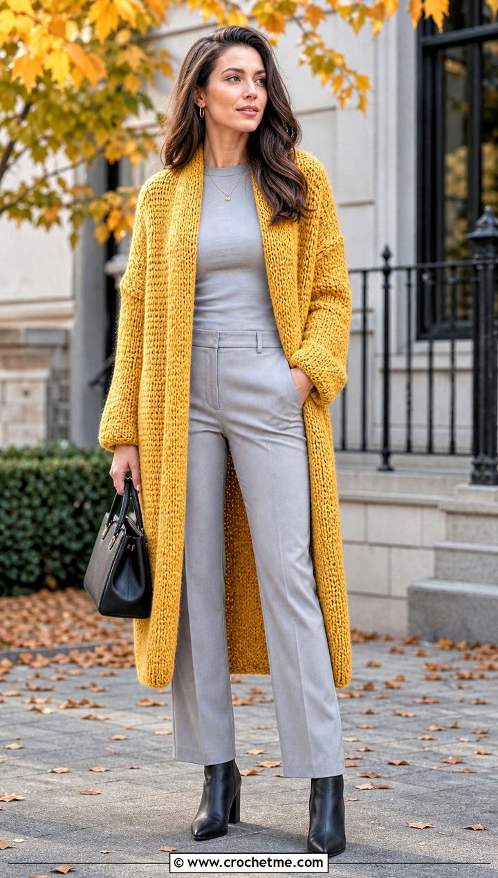 Alpine Stitch Crochet Coatigan With Monochrome Basics - 25 Alpine Stitch Crochet Cardigan outfit ideas