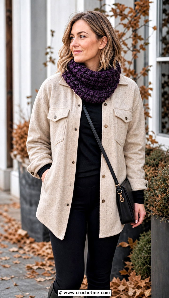 Alpine Stitch Crochet Cowl With Shacket And Leggings - 25 cowl crochet scarf outfit ideas