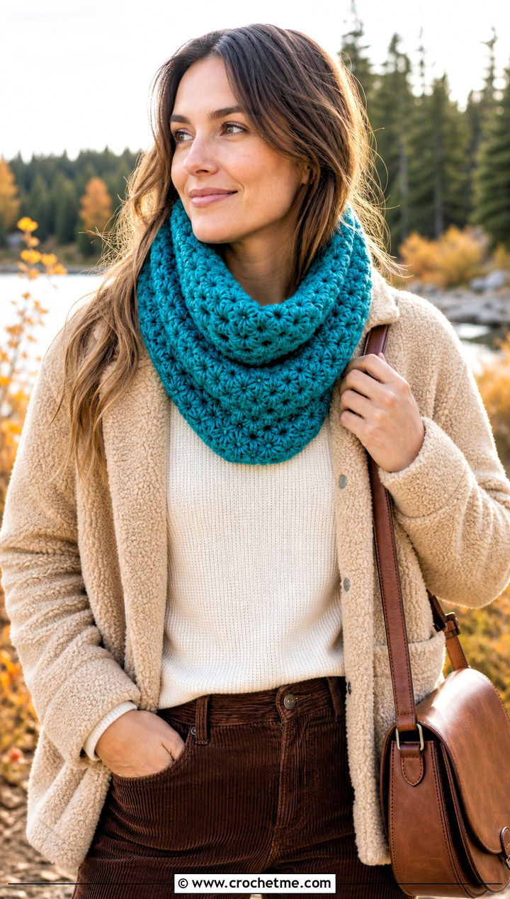 Alpine Stitch Crochet Cowl With Sherpa Jacket And Corduroy Pants - 35 crochet neck warmer cowls outfit ideas