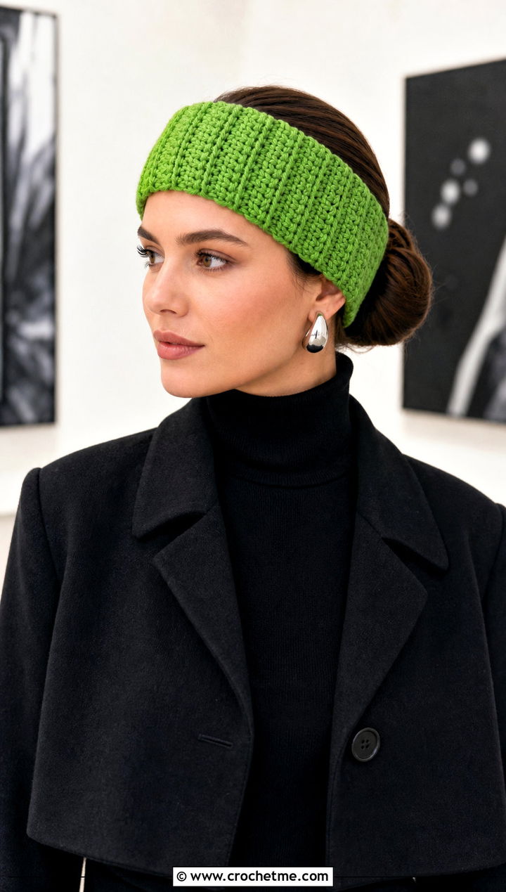 Alpine Stitch Crochet Ear Headband With Turtleneck And Leather Skirt - 30 crochet ear headband outfit ideas