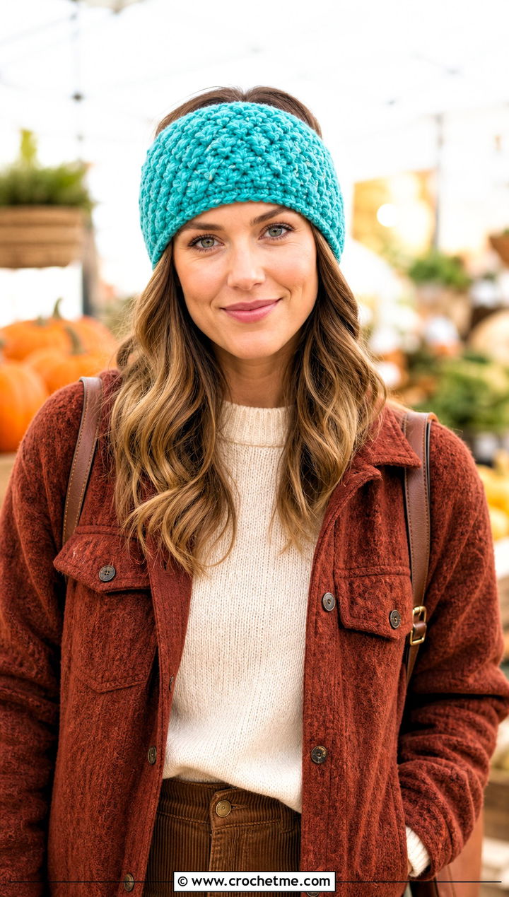 Alpine Stitch Crochet Ear Warmer With Shacket And Corduroy Pants - 30 crochet ear warmer headband outfit ideas