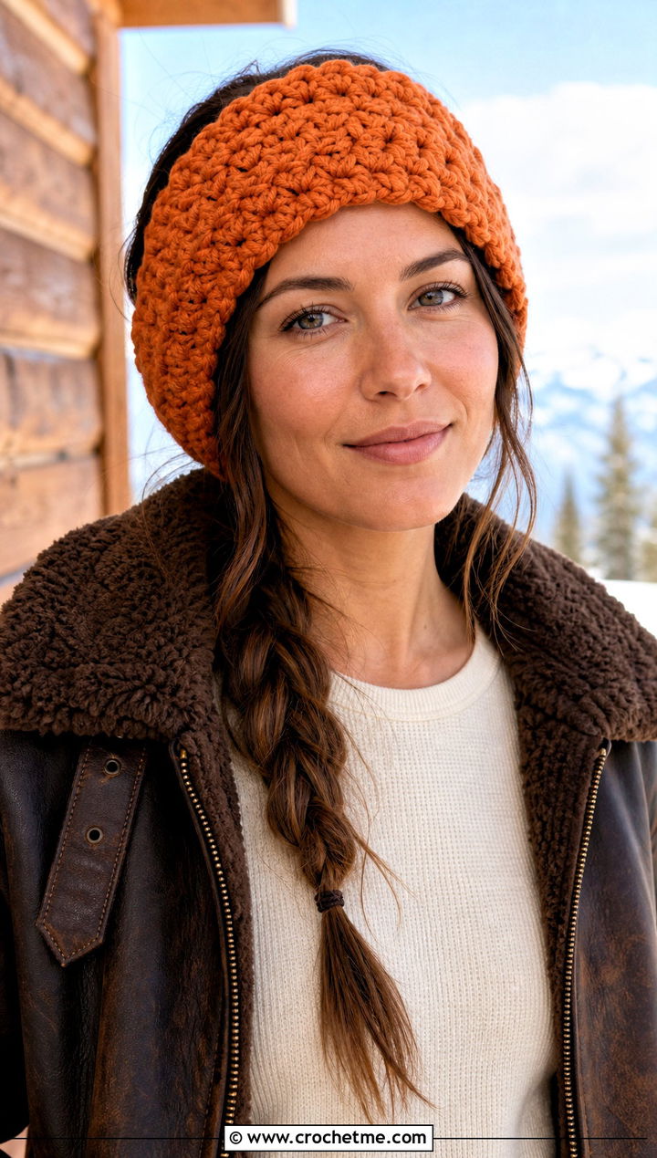 Alpine Stitch Crochet Ear Warmer With Shearling Jacket - 25 Diy Crochet Headband Ear Warmers outfit ideas