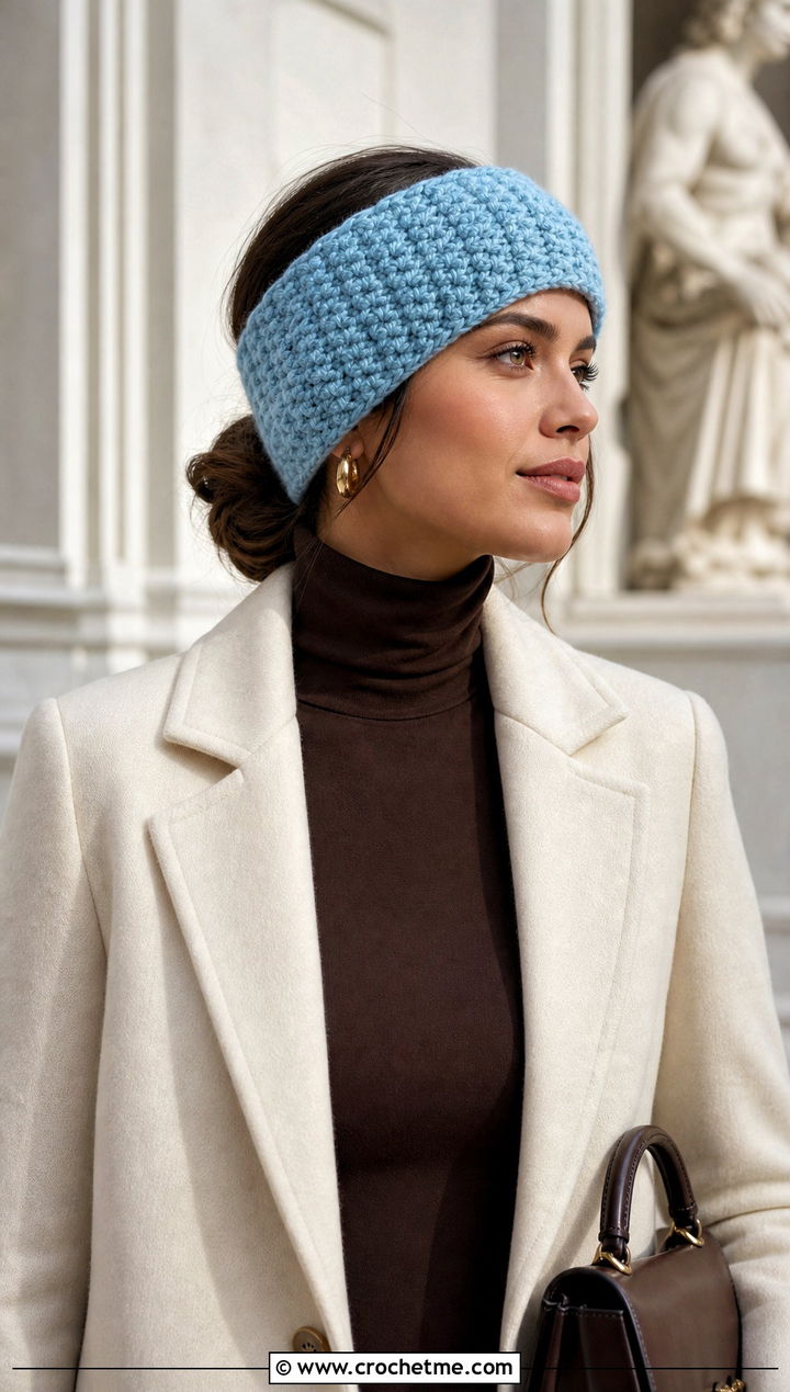Alpine Stitch Crochet Ear Warmer With Turtleneck And Midi Skirt - 15 Easy Crochet Headband Ear Warmers outfit ideas