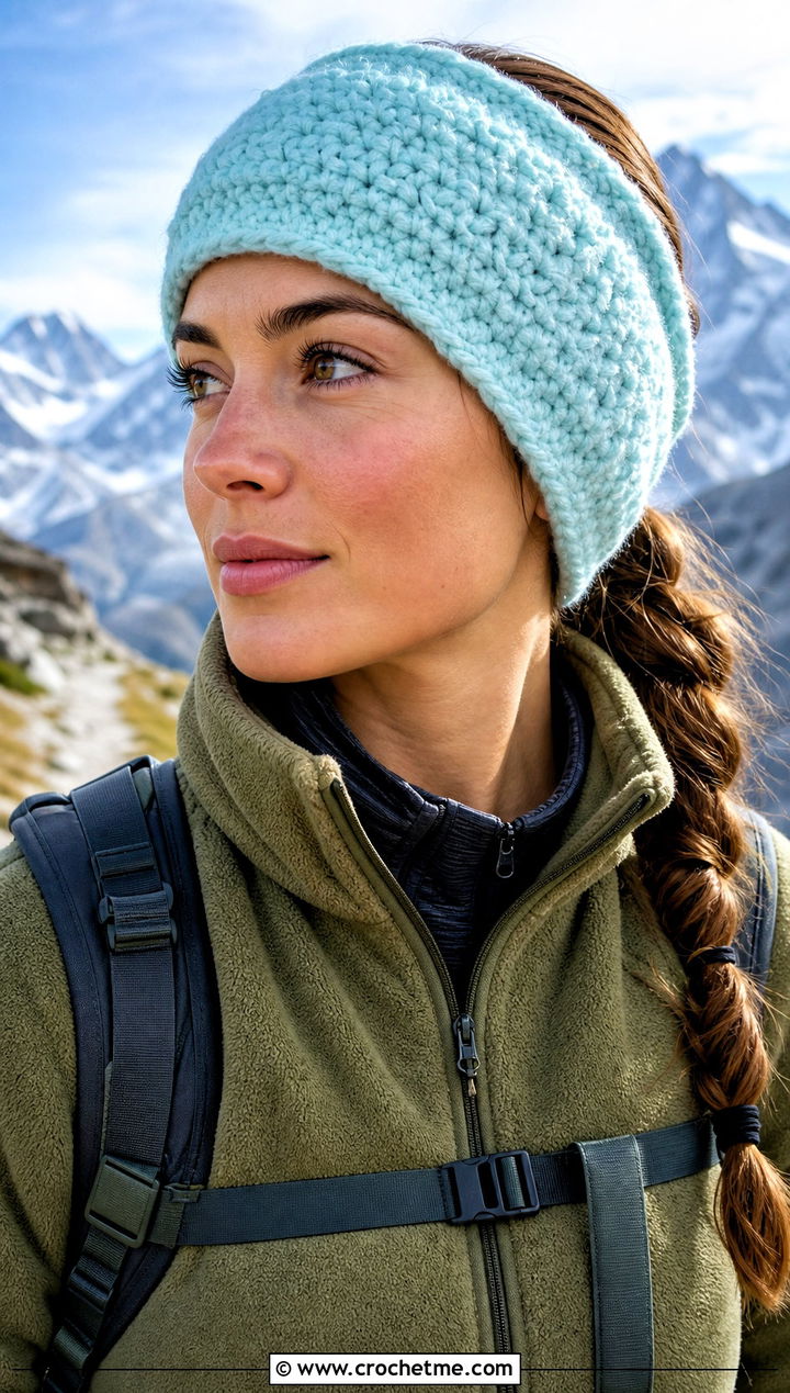 Alpine Stitch Crochet Ear Wrap With Hiking Layers - 20 crochet ear wrap outfit ideas