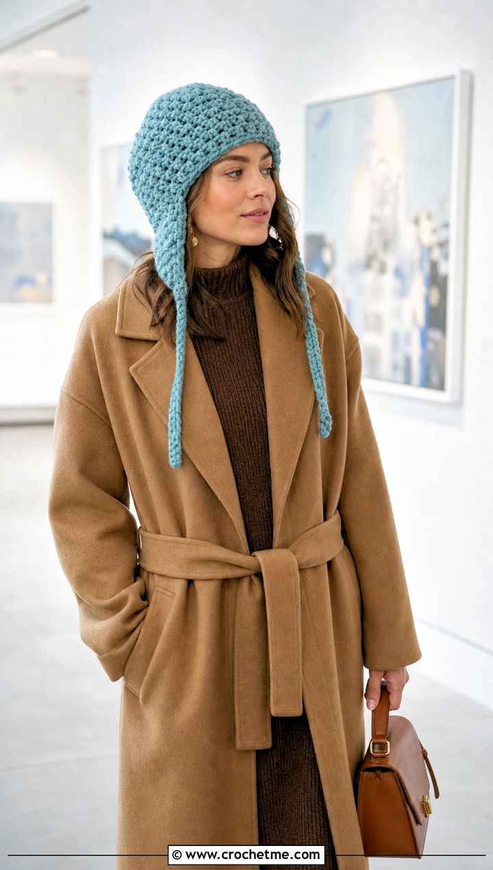 Alpine Stitch Crochet Earflap Beanie With Sweater Dress - 15 Crochet Beanie With Earflaps outfit ideas