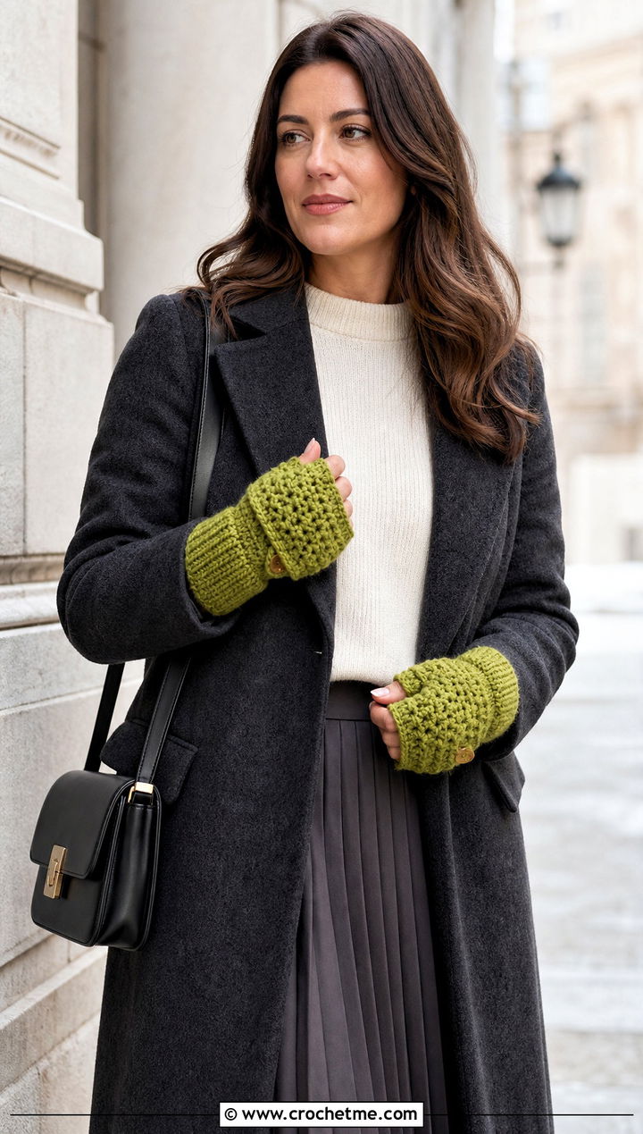 Alpine Stitch Crochet Fingerless Gloves With Flap And Wool Coat - 30 crochet fingerless gloves with flap outfit ideas