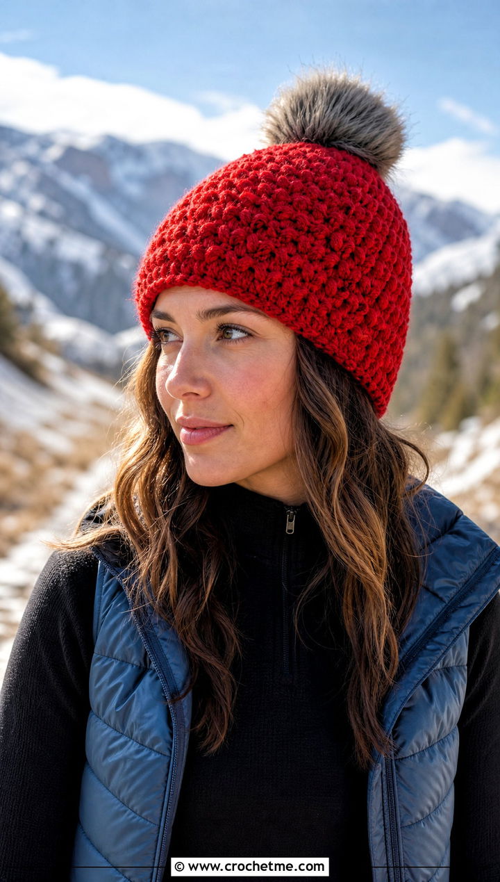 Alpine Stitch Crochet Hat With Quilted Vest And Hiking Pants - 15 Crochet Hat With Fur Pom Pom outfit ideas