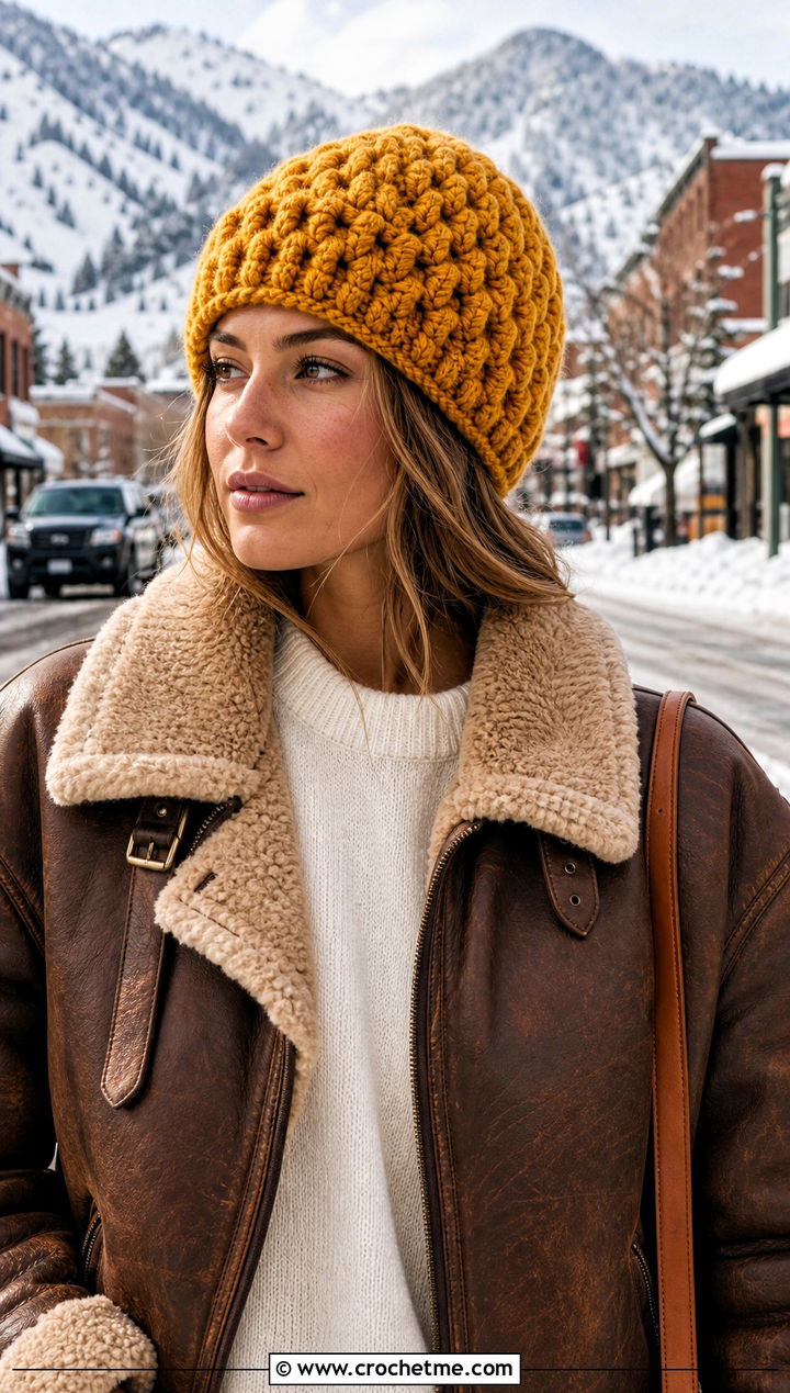Alpine Stitch Crochet Hat With Shearling Jacket - 30 winter crochet hats outfit ideas