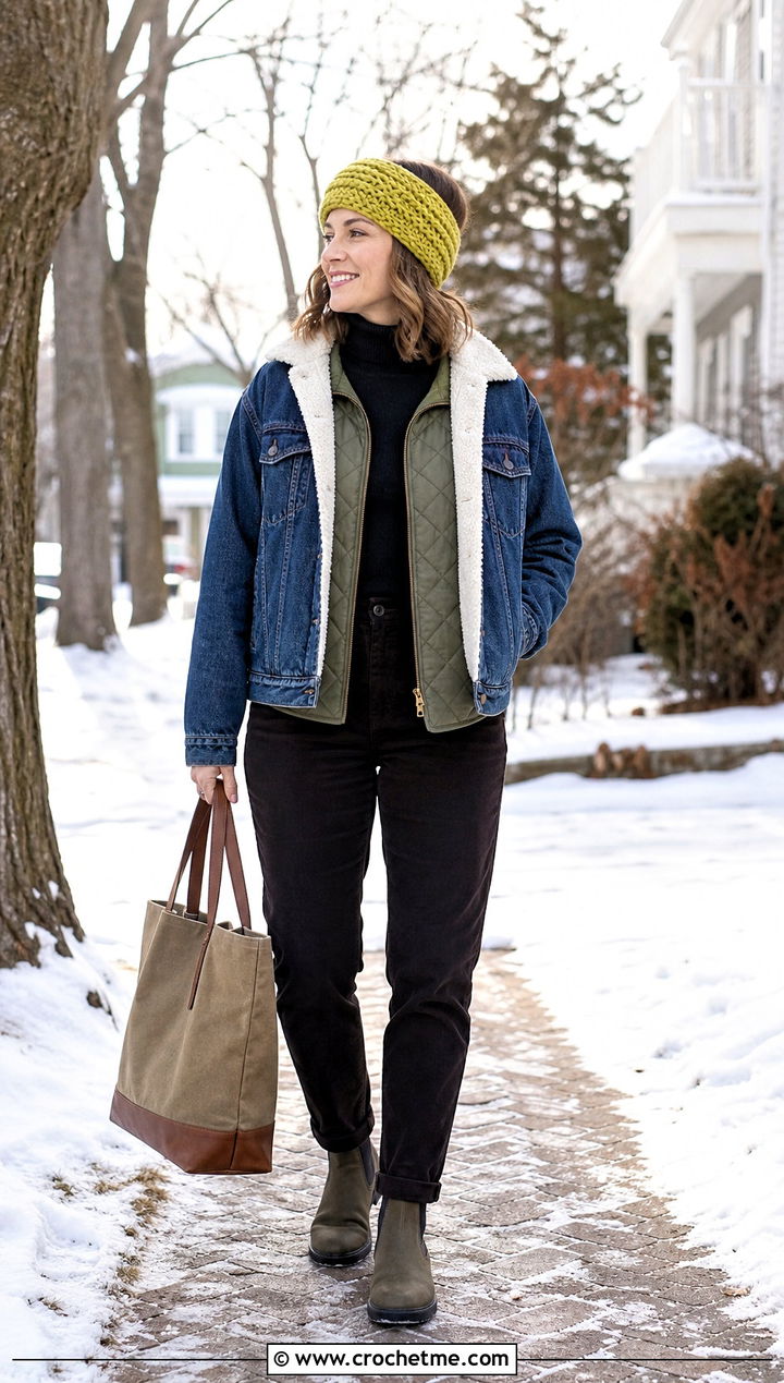 Alpine Stitch Crochet Headband With Denim Jacket - 35 crochet winter headband outfit ideas