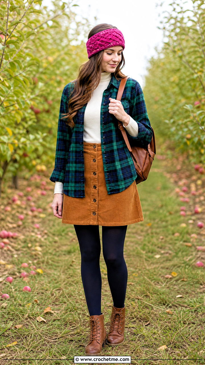Alpine Stitch Crochet Headband With Flannel Shirt And Skirt - 35 crochet head band outfit ideas