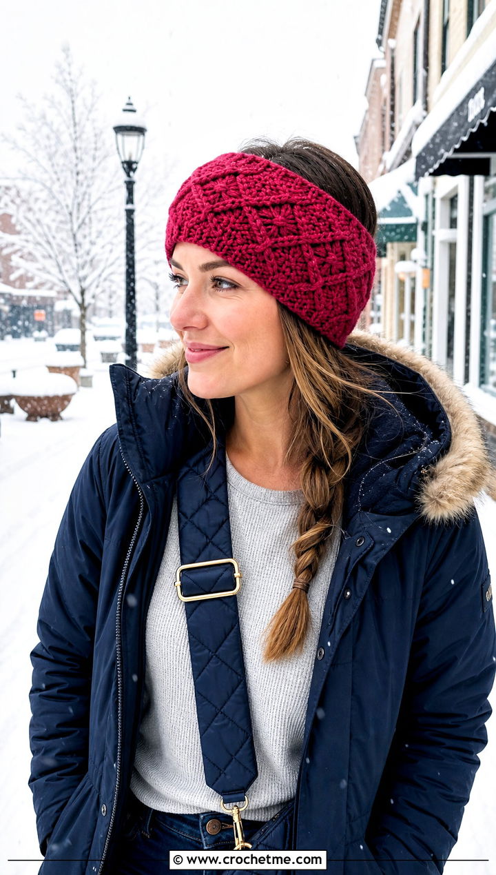 Alpine Stitch Crochet Headband With Parka And Jeans - 30 simple crochet head bands outfit ideas