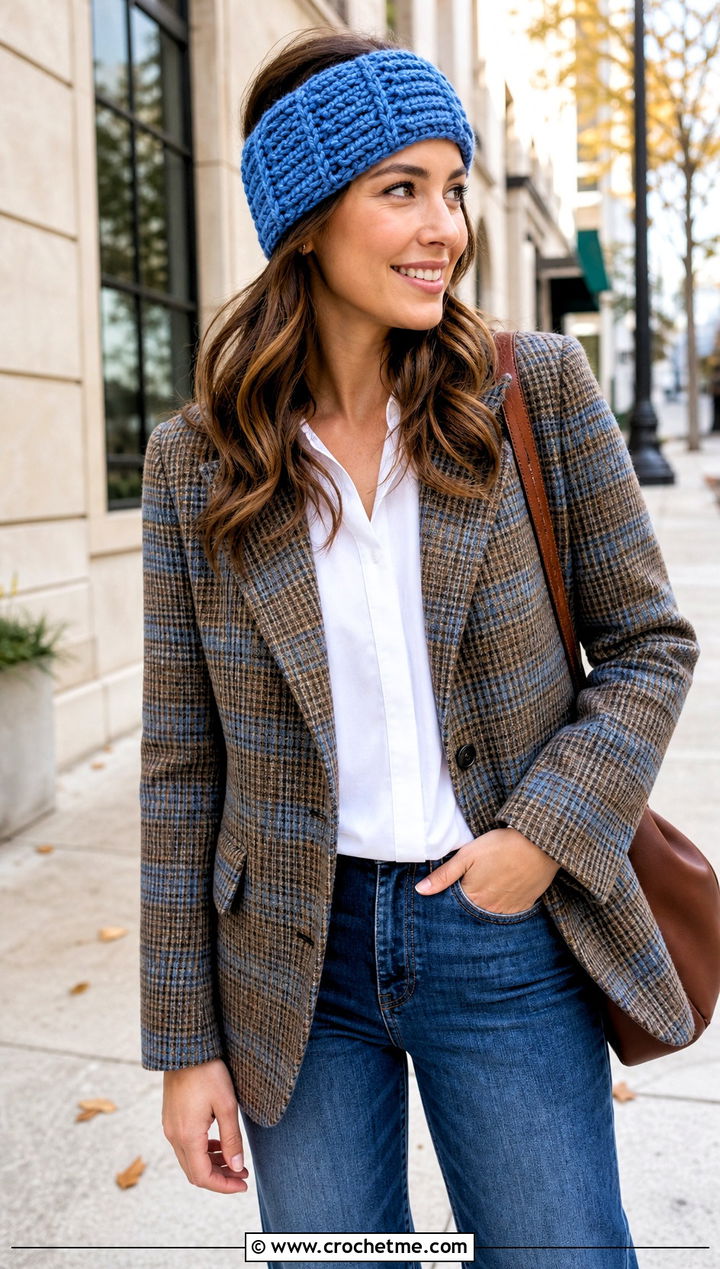 Alpine Stitch Crochet Headband With Plaid Blazer And Jeans - 25 crochet for headbands outfit ideas