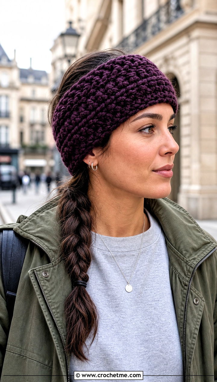 Alpine Stitch Crochet Headband With Utility Jacket - 15 wool ease thick and quick crochet headband outfit ideas